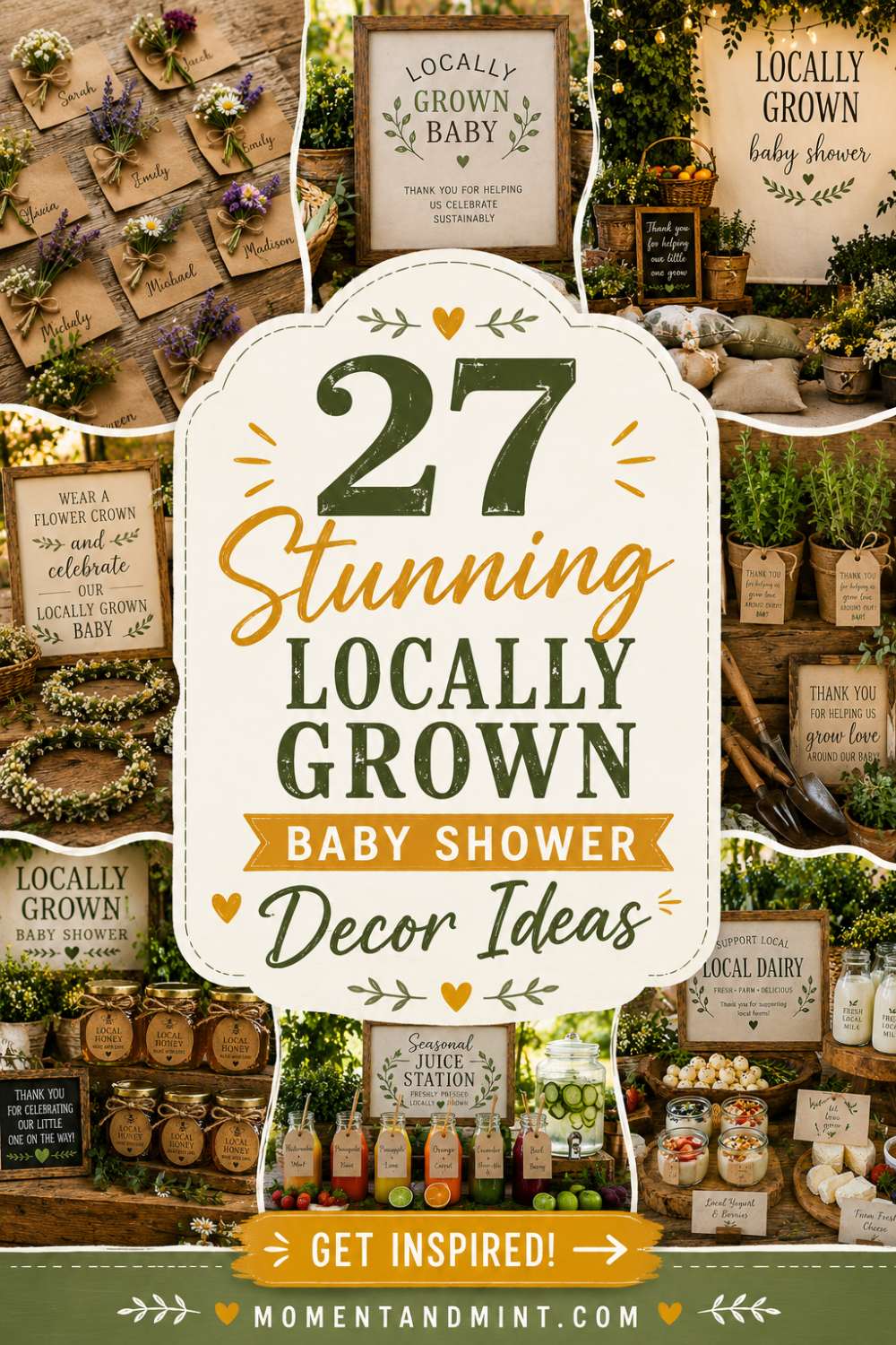 Collage of stunning locally grown baby shower decor ideas with rustic welcome signs, flower crowns, seed packet favors, local honey jars, seasonal juice station, potted plants, and fresh garden-inspired decorations.