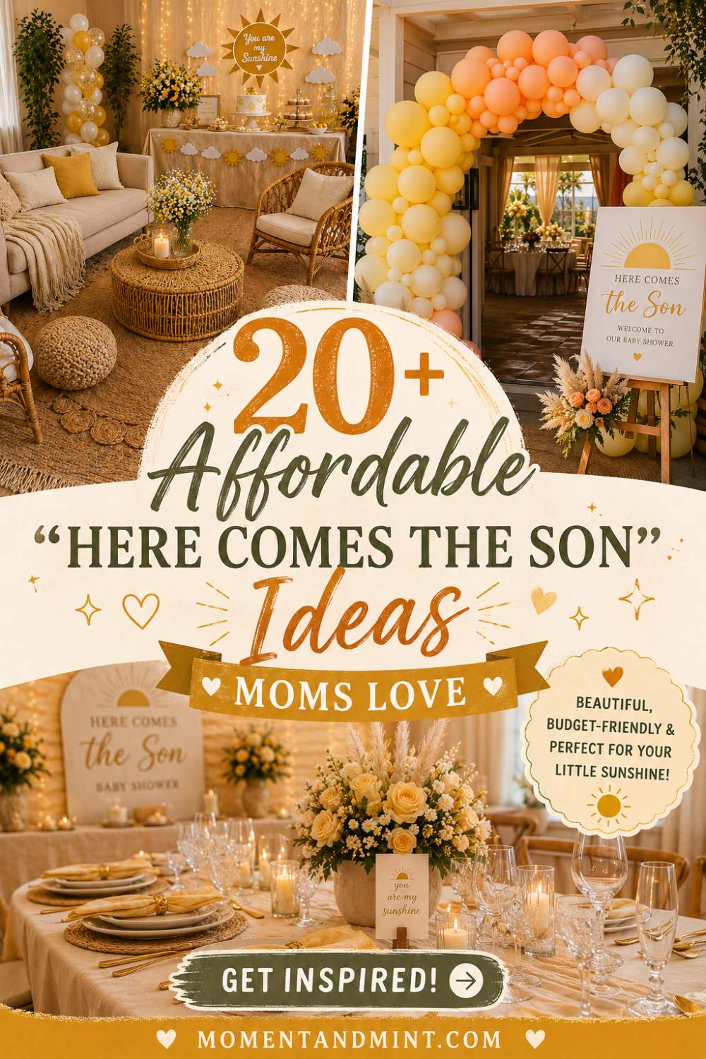 Affordable Here Comes the Son baby shower ideas with cozy lounge seating, balloon entrance, elegant tablescape, floral centerpieces, and budget-friendly sunshine decorations.