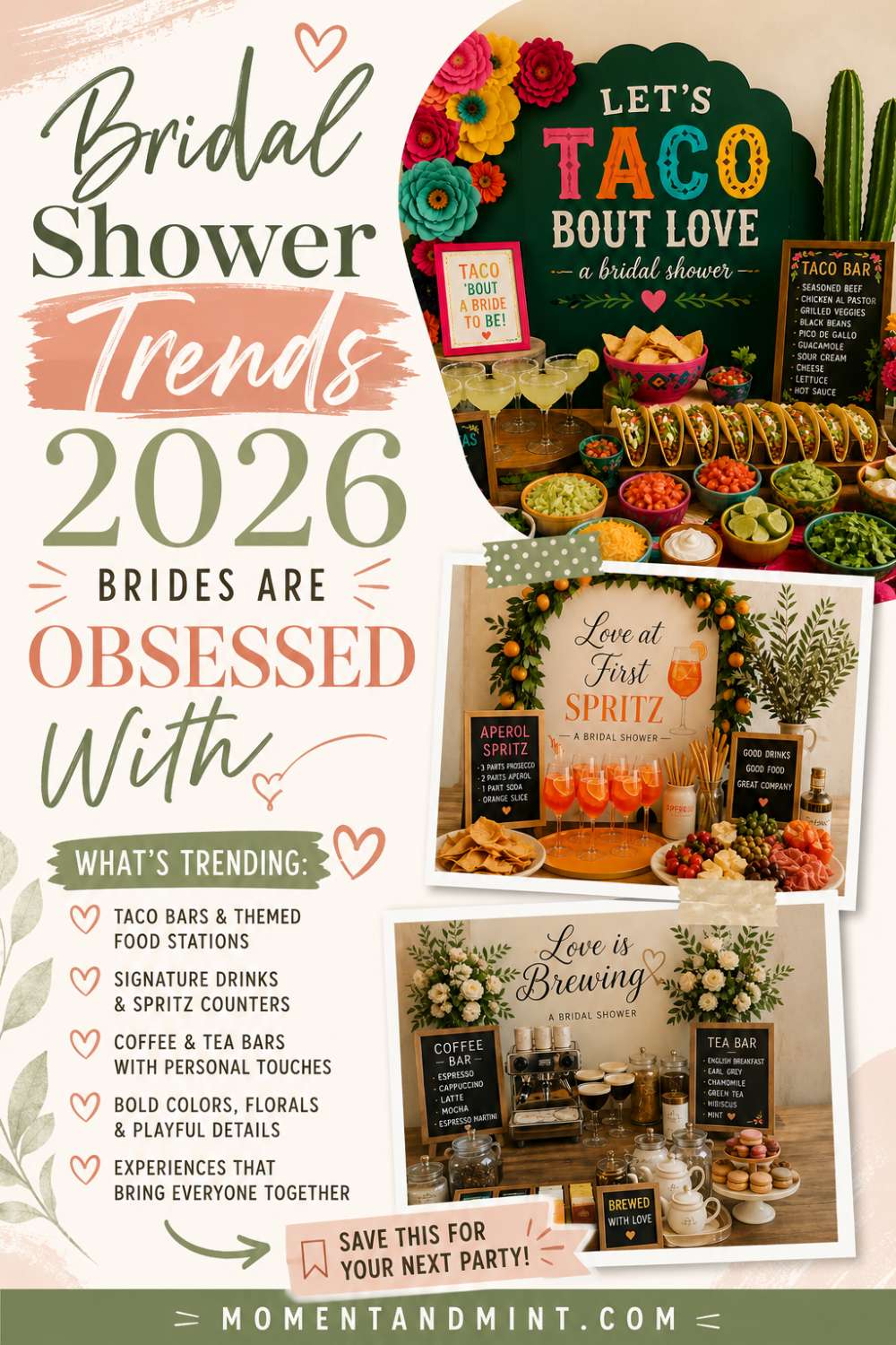 Top bridal shower trends for 2026 featuring taco bars, Aperol spritz stations, coffee bars, interactive food stations, and modern bridal shower inspiration.