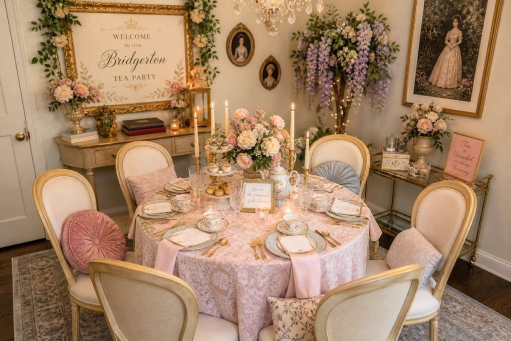 13+ Charming Bridgerton Party Decor Ideas for Small Spaces Bridgerton tea party setup in a small garden with pastel table, cupcakes, floral centerpiece, and cozy seating