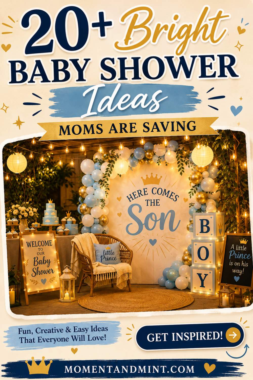 Bright Here Comes the Son baby shower ideas featuring blue and yellow balloon backdrop, baby shower photo area, creative decorations, and fun party inspiration.