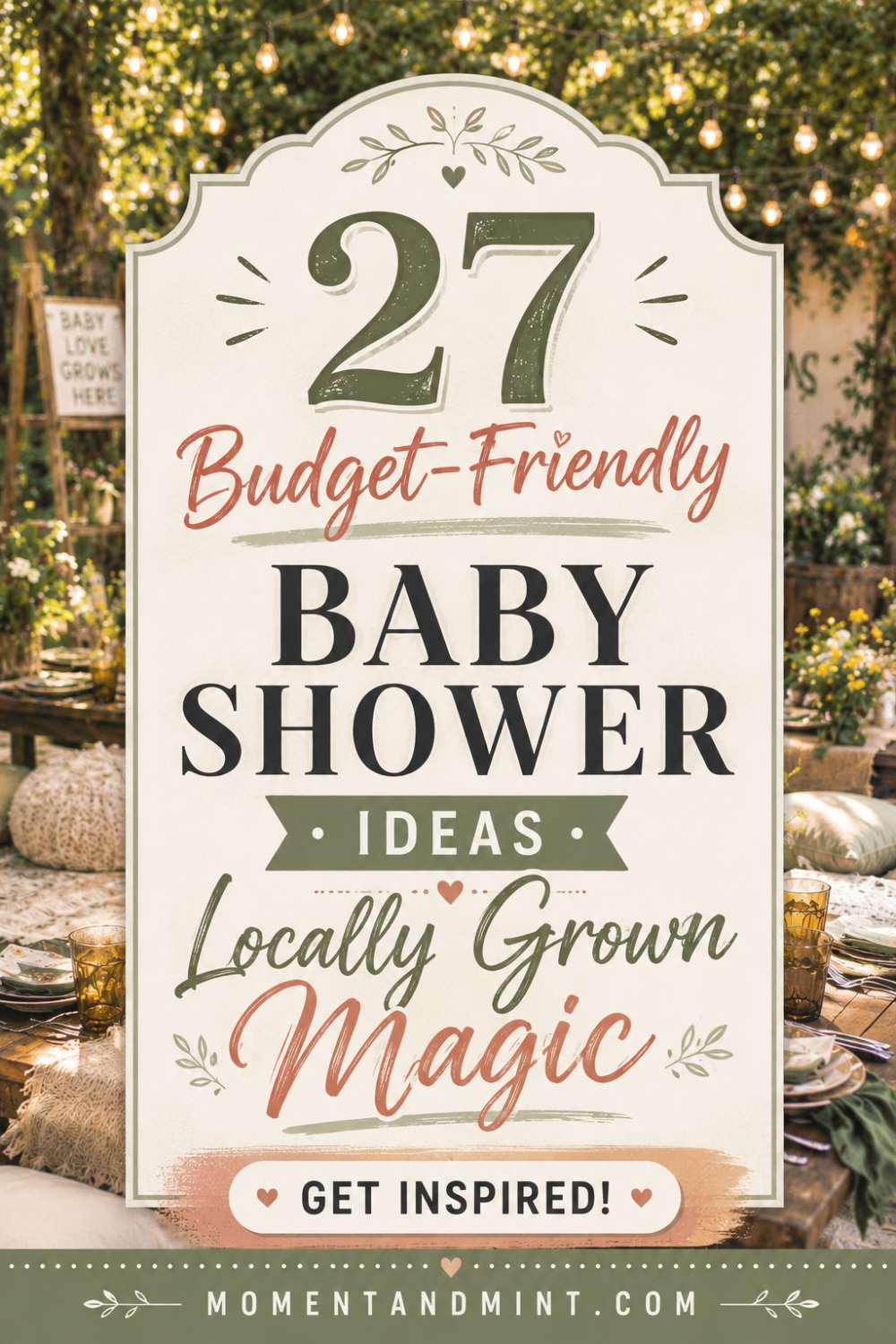 Budget-friendly locally grown baby shower ideas featuring simple garden party decor, earthy color palette, outdoor tablescape, sustainable decorations, and affordable rustic baby shower inspiration.