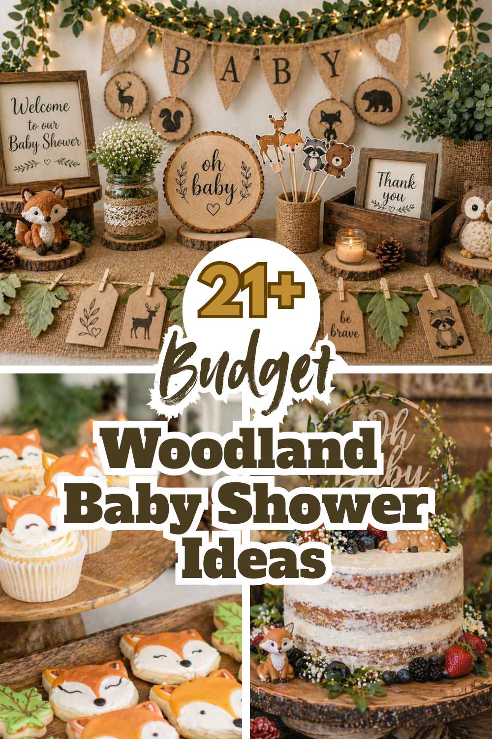Budget-friendly woodland baby shower ideas with DIY decorations, woodland cookies, rustic dessert table, and forest-themed décor.