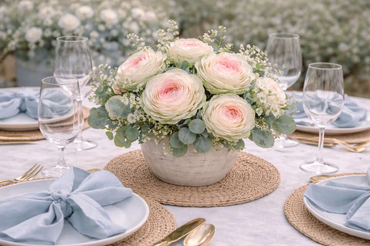 Cabbage rose floral arrangement centerpiece on elegant table setting
