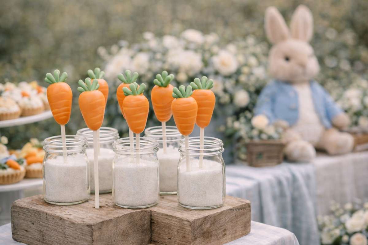Carrot-shaped cake pops displayed in jars for baby shower desserts