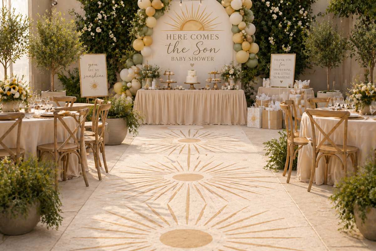 Decorative sun ray pathway leading to baby shower dessert table