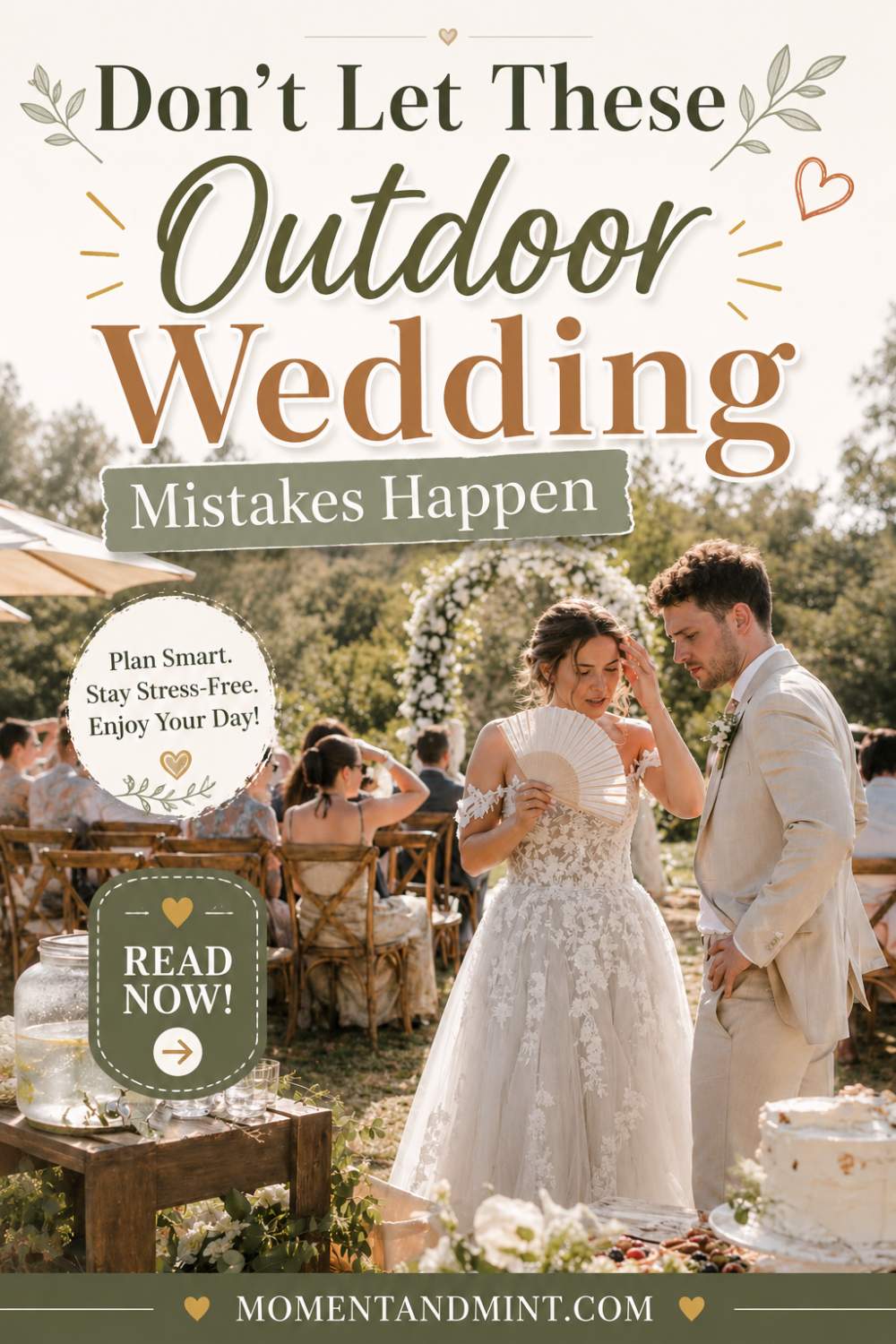 Bride and groom at an outdoor wedding ceremony with elegant garden décor, highlighting common outdoor wedding planning mistakes to avoid for a stress-free celebration.