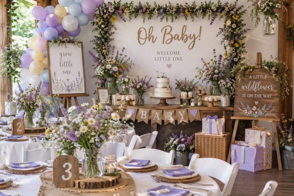 Stunning Wildflower Baby Shower Ideas for a Soft, Nature-Inspired Celebration Elegant wildflower baby shower party setup with pastel balloons, floral centerpieces, and dessert table