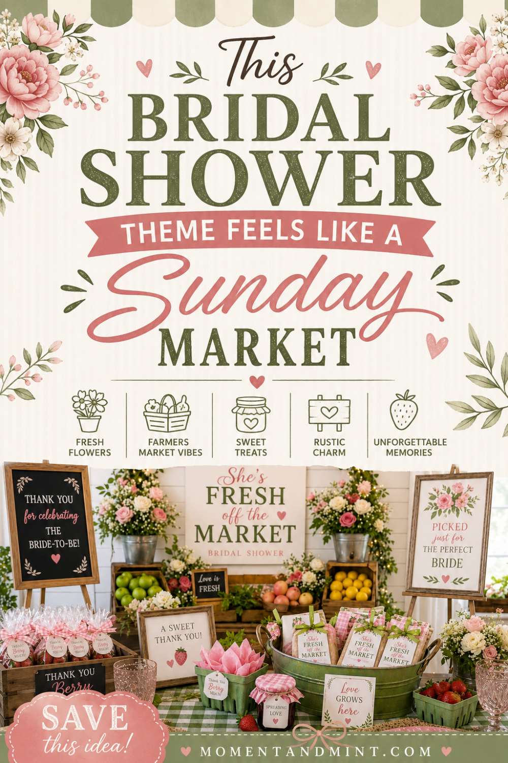 Farmers market bridal shower decorations with flower bar, rustic signs, fresh produce displays, floral centerpieces, and charming market-inspired party décor.