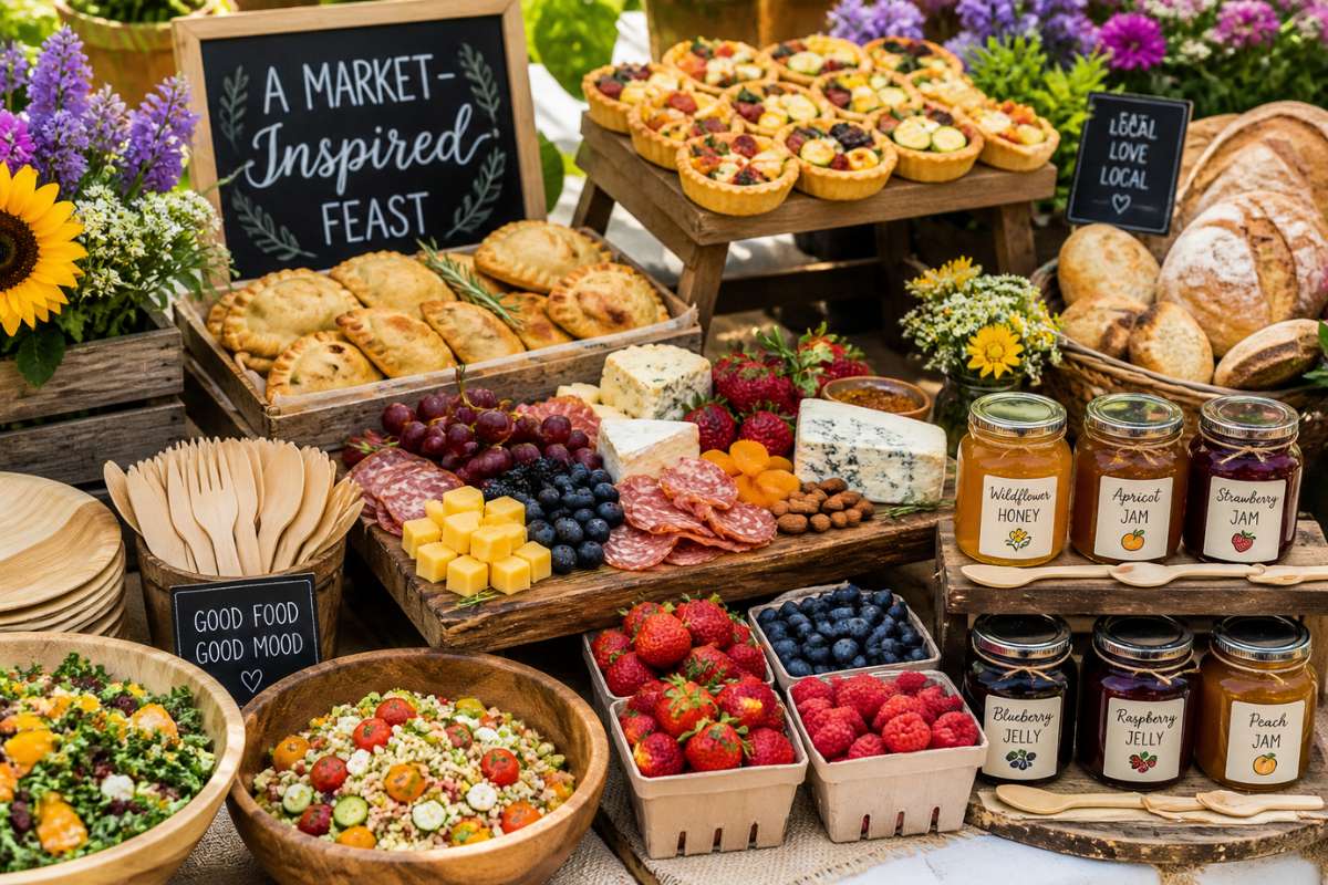 Farmers market bridal shower food table with charcuterie, fresh fruits, bread, and homemade jams