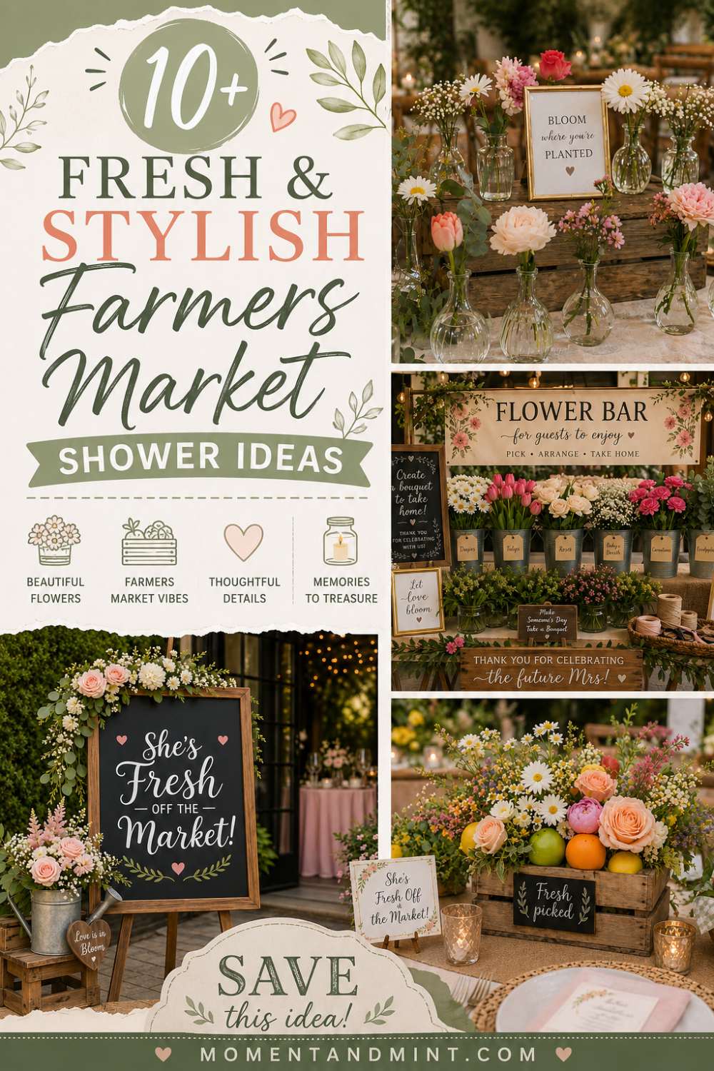 Fresh farmers market bridal shower ideas featuring flower bar, wooden crates, floral arrangements, rustic welcome sign, and elegant outdoor party inspiration.