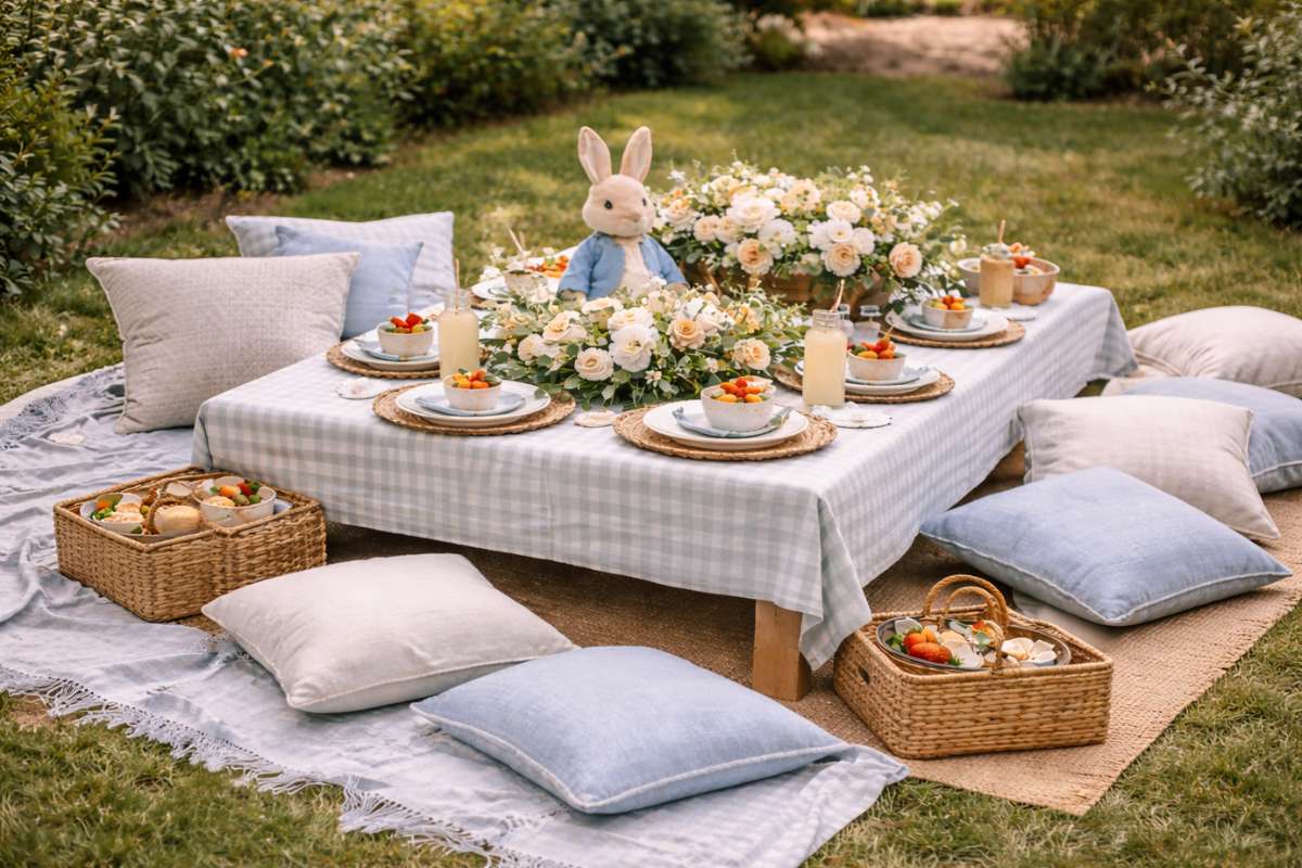 Outdoor picnic setup with cushions low table and floral centerpiece