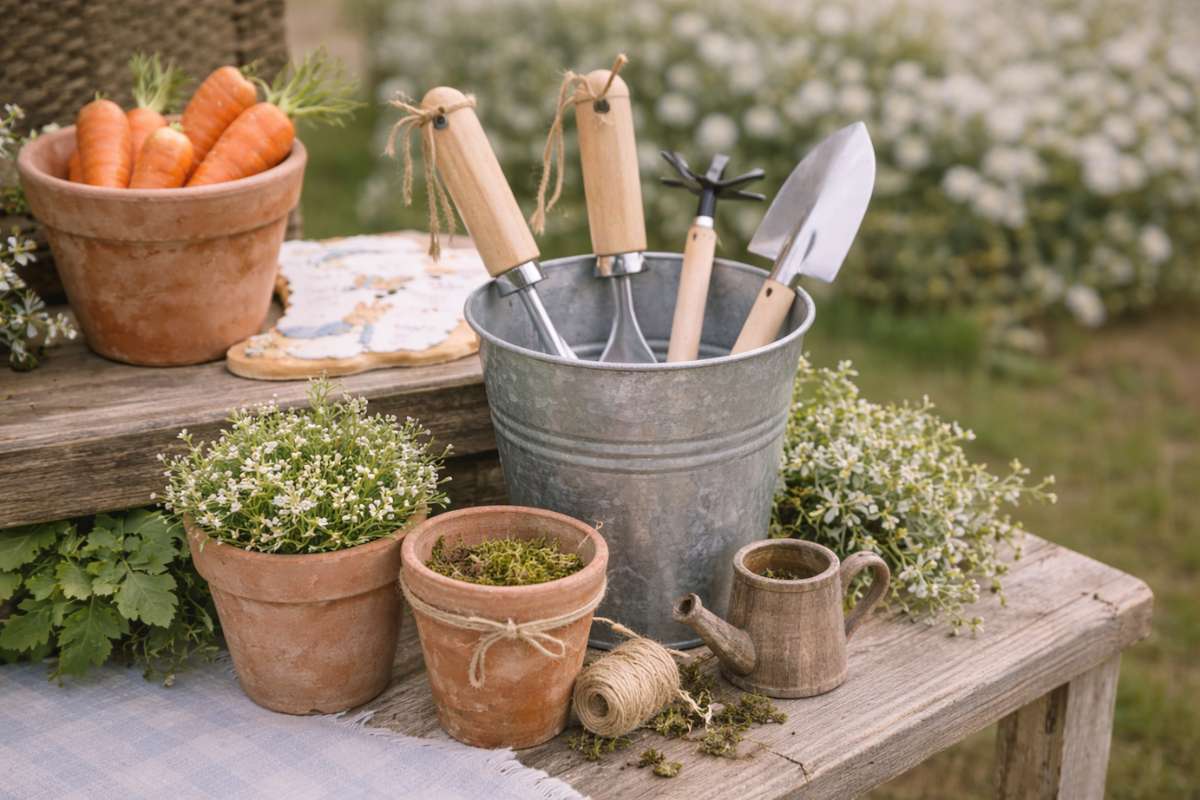 Mini garden tools and potted plants used as rustic baby shower decorations