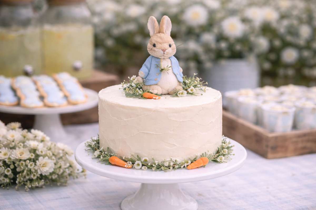 Minimalist baby shower cake with Peter Rabbit topper and soft floral accents
