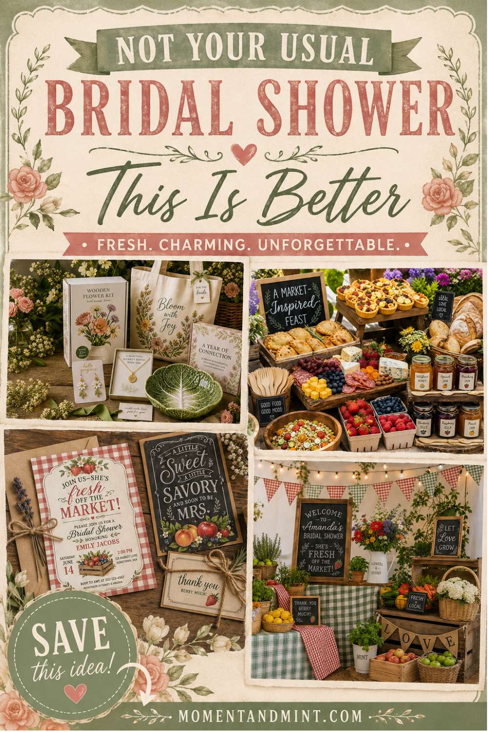 Fresh Off the Market bridal shower ideas featuring rustic décor, market-inspired food displays, floral arrangements, invitation ideas, favors, and charming farmhouse styling.