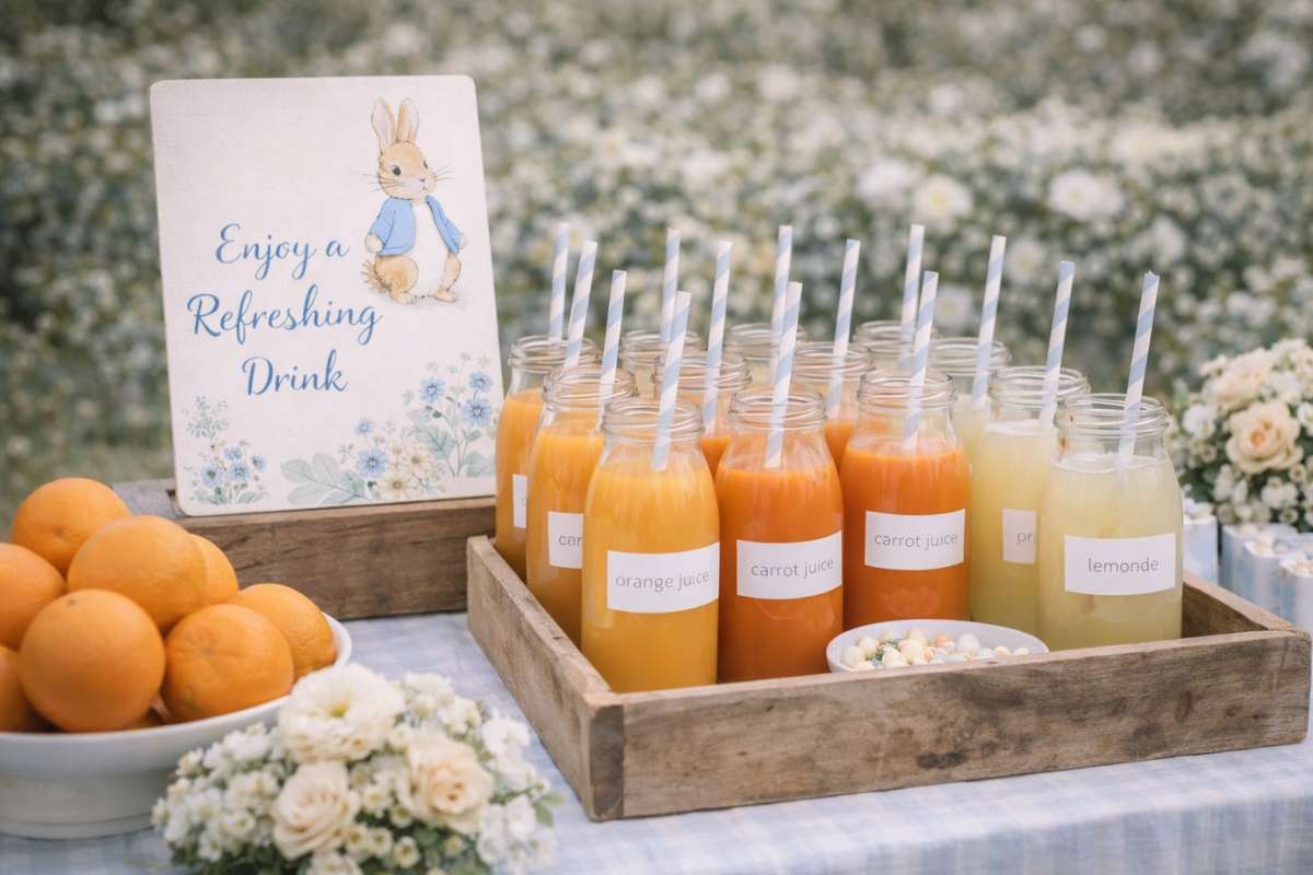 Fresh juice station with orange carrot and lemonade drinks in glass bottles for baby shower
