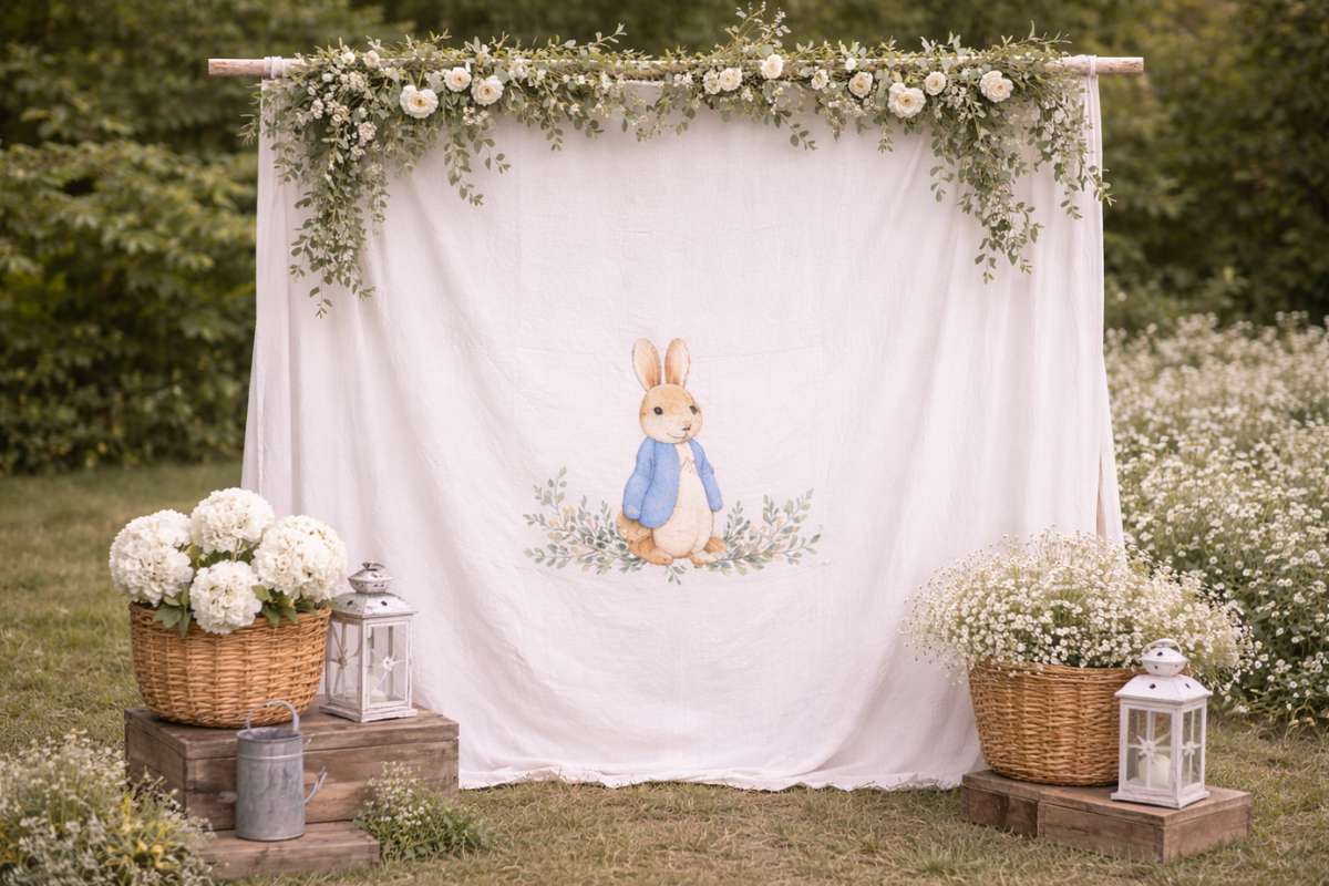 Peter Rabbit baby shower backdrop with white fabric greenery and floral decor