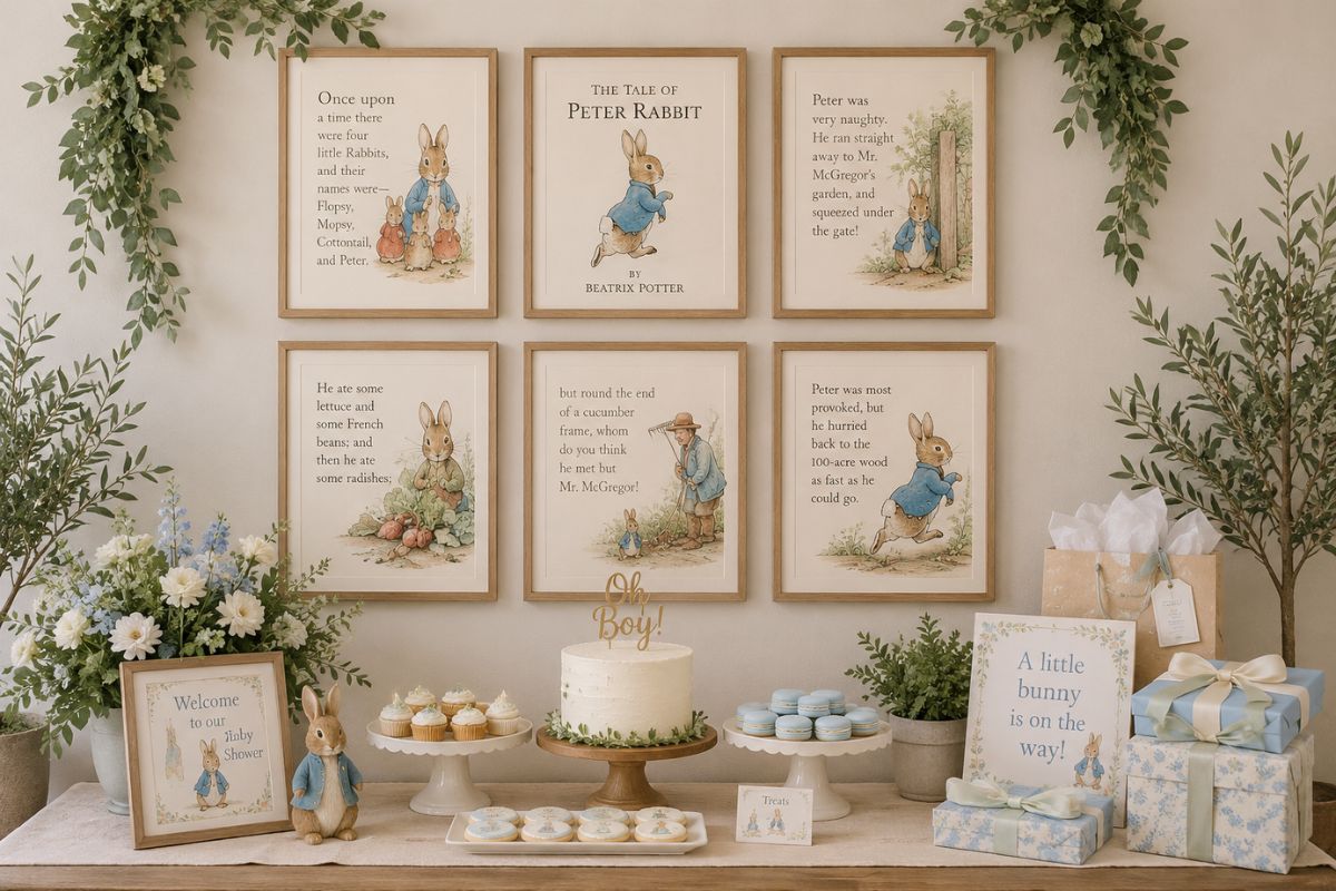 Peter Rabbit framed illustrations wall decor with greenery and dessert table