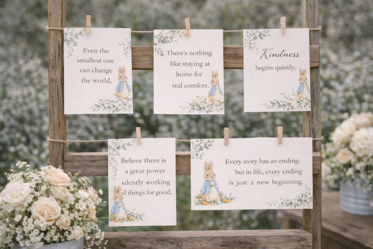 Peter Rabbit quote cards displayed on wooden frame with greenery