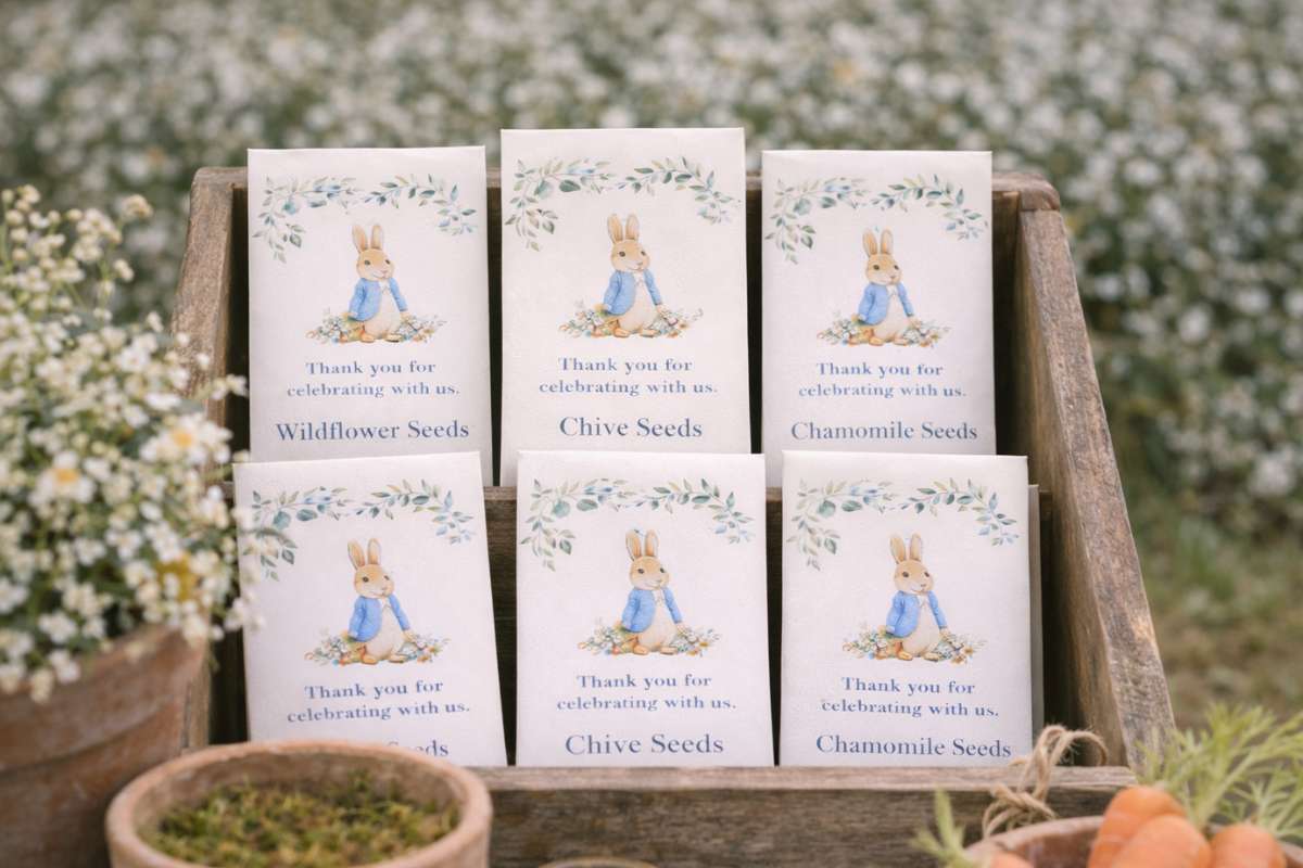 Seed packet favors with Peter Rabbit design for baby shower guests