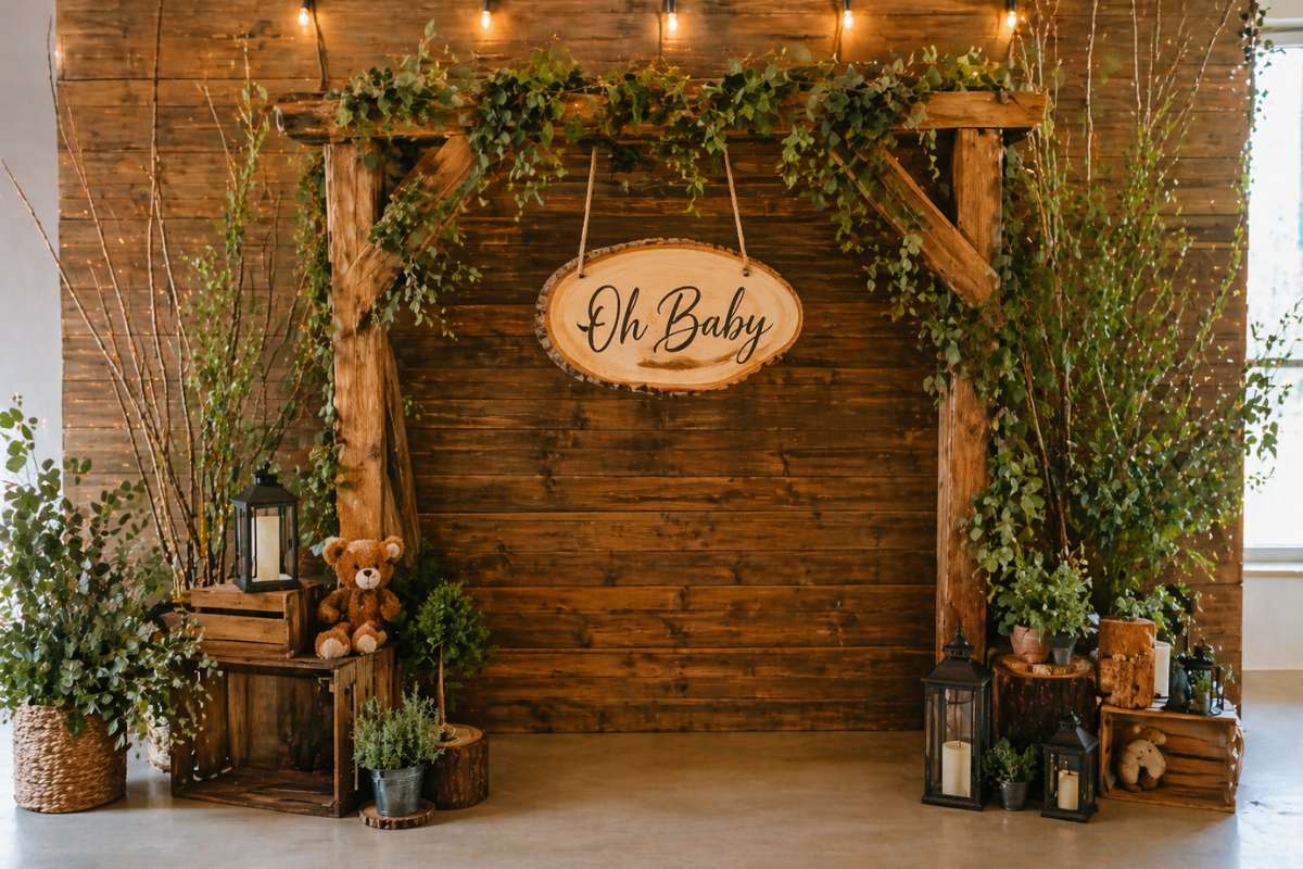 Rustic wooden baby shower backdrop with Oh Baby sign, greenery garland, lanterns, and wooden crates