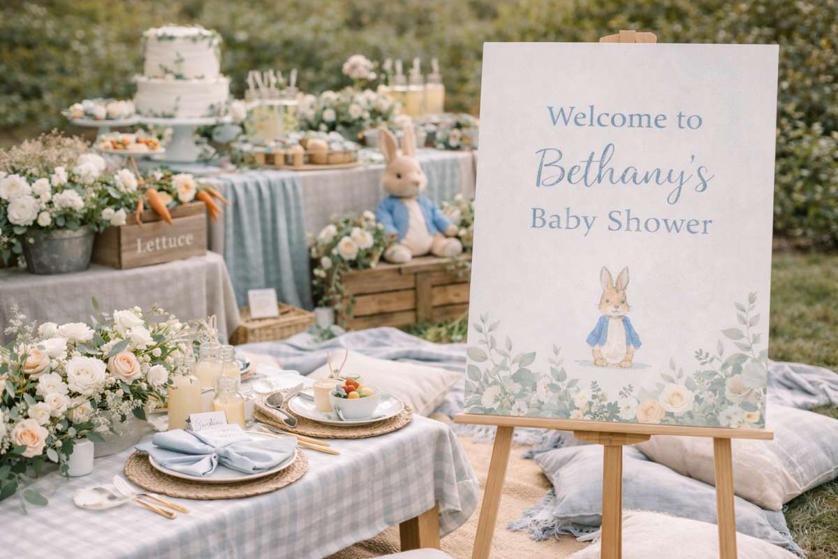 Elegant baby shower setup with soft blue sage green and cream color palette