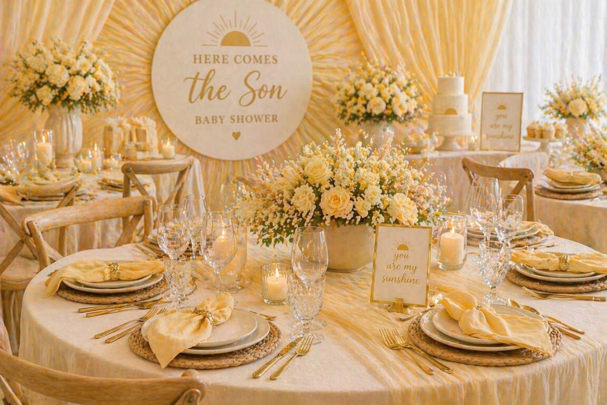 Elegant yellow and ivory table settings for Here Comes the Son baby shower