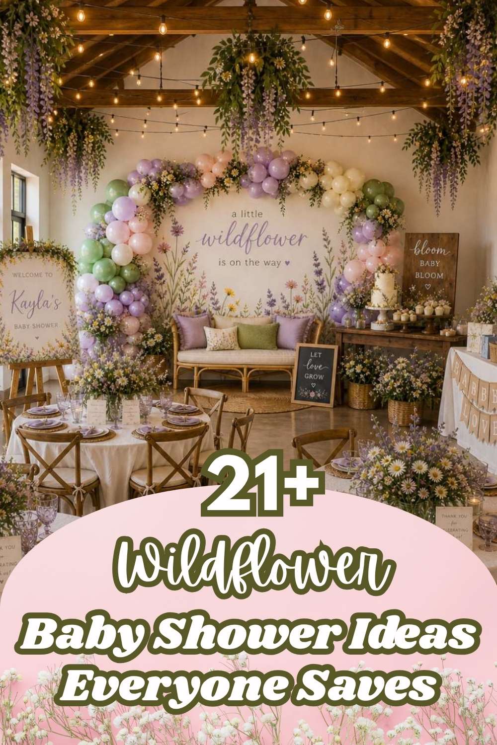Wildflower baby shower with pastel balloon garland, floral backdrop, rustic seating, fresh flower arrangements, and elegant garden party decorations.