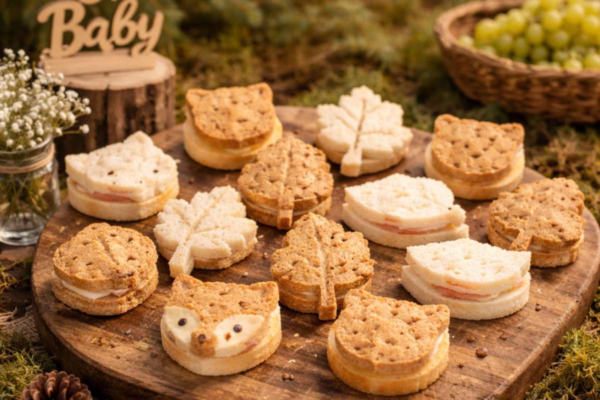Mini woodland baby shower sandwiches shaped like leaves and forest animals