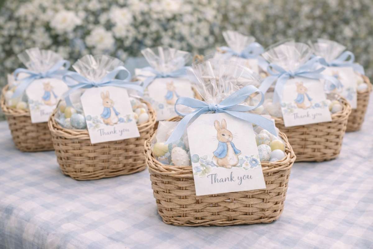 Small woven baskets filled with treats and decorated with blue ribbons