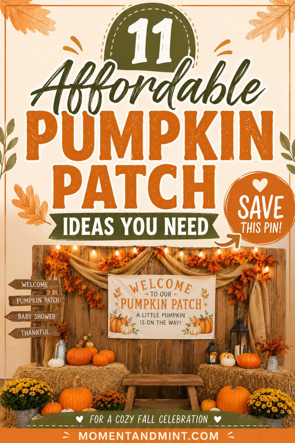 Affordable pumpkin patch baby shower decorations featuring rustic backdrop, pumpkins, hay bales, autumn leaves, wooden signs, and cozy fall décor.