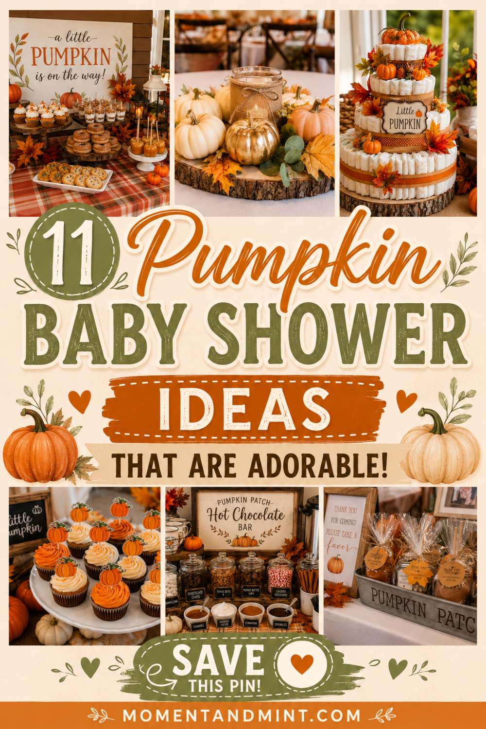 Pumpkin baby shower ideas featuring autumn desserts, pumpkin diaper cake, hot chocolate bar, rustic decorations, and cozy fall party inspiration.