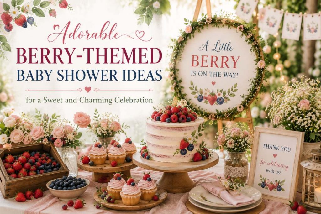 23 Adorable Berry-Themed Baby Shower Ideas for a Sweet and Charming Celebration Adorable berry-themed baby shower ideas featuring a berry-decorated cake, fresh strawberries and blueberries, blush pink floral arrangements, rustic wooden accents, berry cupcakes, and a charming outdoor garden celebration setup.