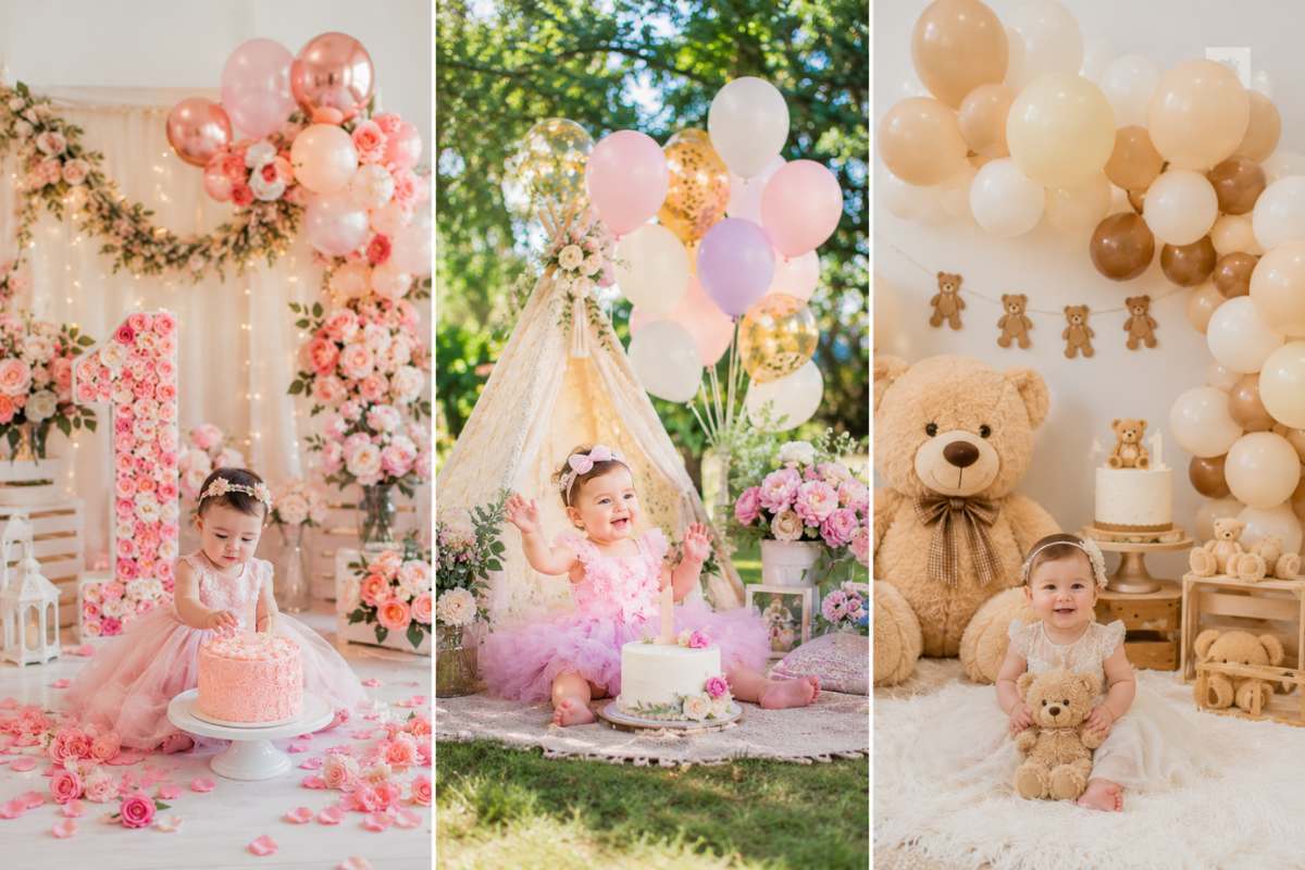 Collage of elegant first birthday party themes for girls featuring a blush floral celebration, whimsical garden picnic setup, and cozy teddy bear party with pastel balloons, beautiful cakes, flowers, and charming birthday decorations in soft feminine colors.