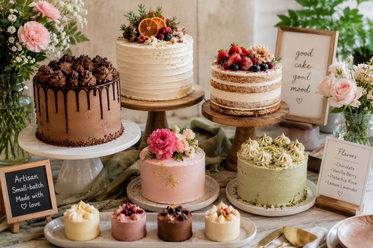 Artisan cake display featuring handcrafted buttercream cakes, ganache drip cake, naked berry cake, pistachio cake, floral cake decorations, and mini bento cakes arranged on rustic cake stands for an elegant birthday dessert table.