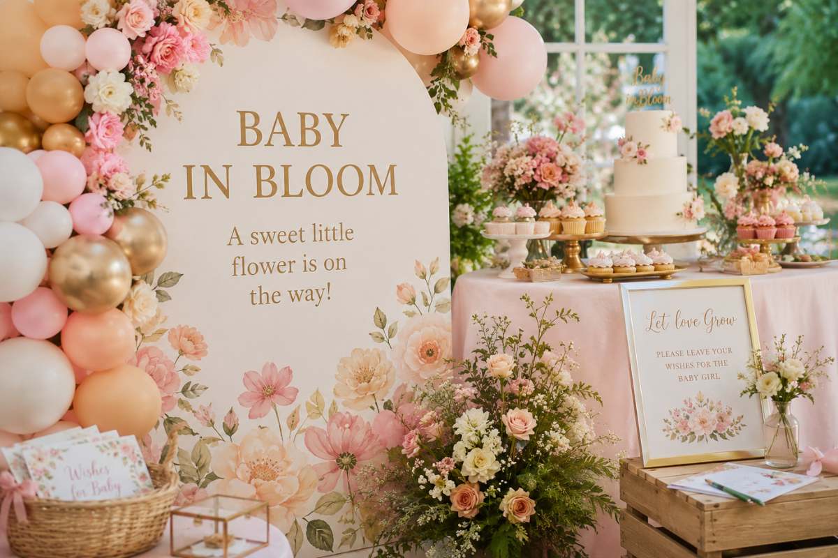 Elegant Baby in Bloom baby shower setup featuring a large floral backdrop, pastel pink and peach balloon garland, fresh flower arrangements, tiered cake, dessert table, and gold accents in a bright sunlit venue. Perfect inspiration for a stunning garden-inspired baby shower celebration.