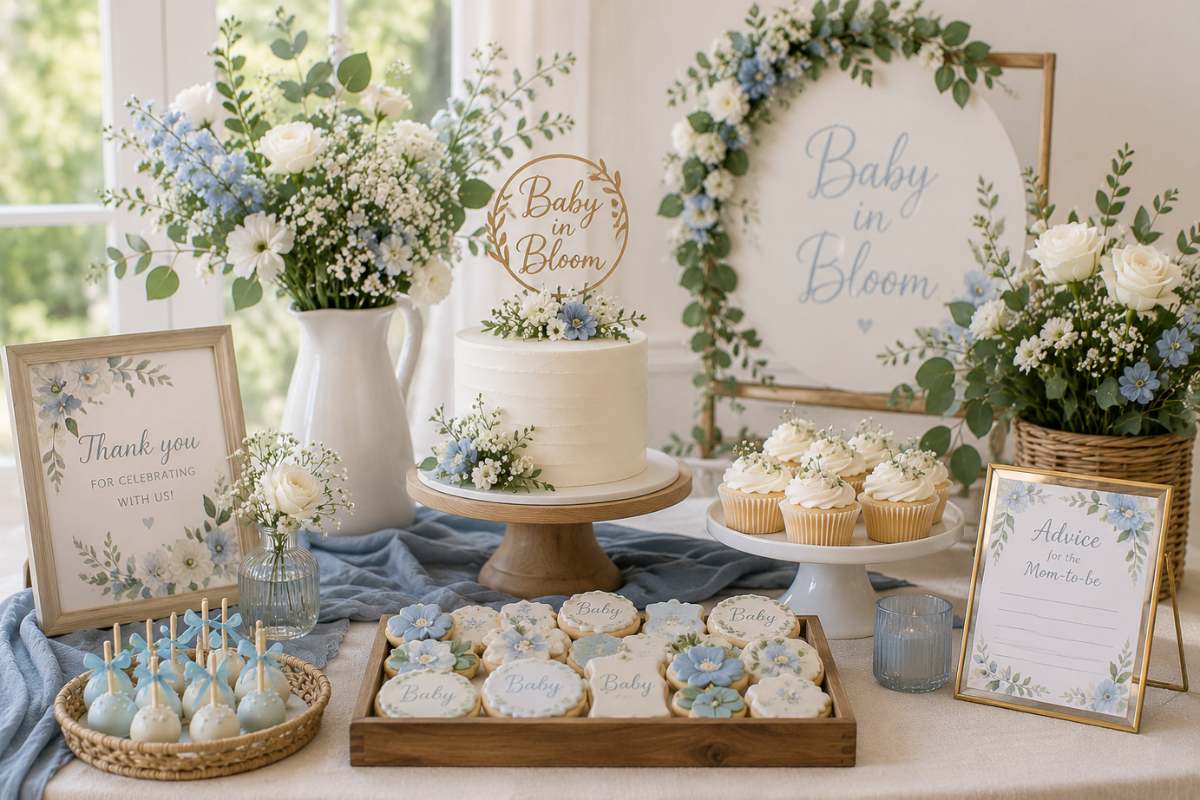 Elegant Baby in Bloom baby shower color palette inspiration featuring soft blue flowers, white roses, greenery, floral cookies, cupcakes, and a minimalist floral backdrop. The coordinated blue, white, and neutral color scheme demonstrates how to create a cohesive and beautifully styled floral baby shower celebration.