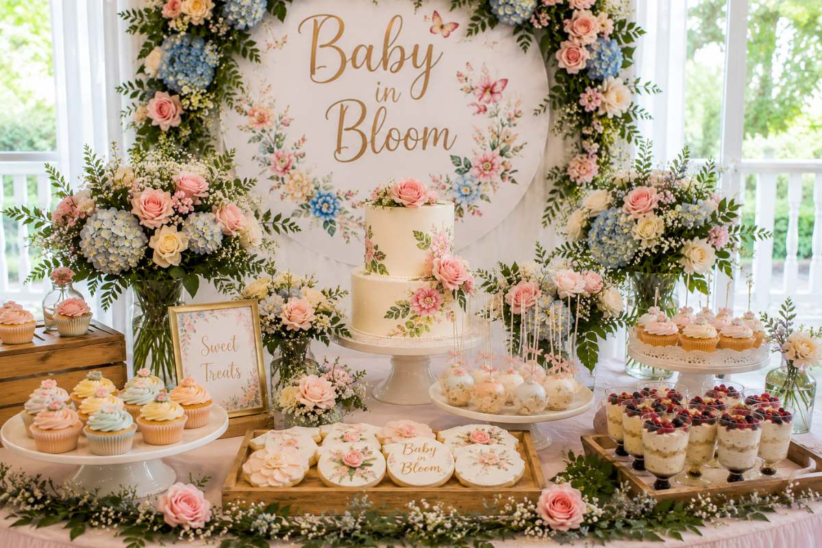 baby in bloom dessert table inspiration floral display