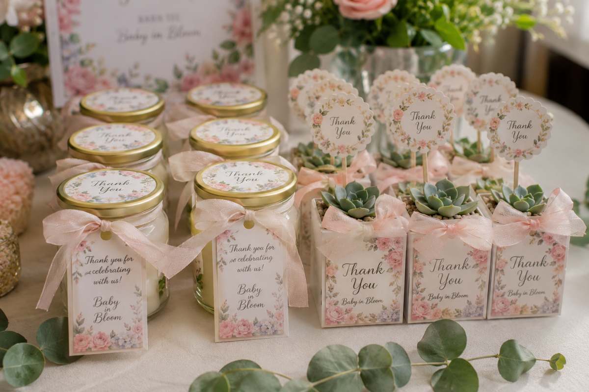 Beautiful Baby in Bloom baby shower favors arranged on a decorative table with mini succulents, floral-labeled candles, pink ribbon accents, fresh roses, and eucalyptus leaves. These charming floral-themed keepsakes offer a memorable way to thank guests for celebrating the special occasion.