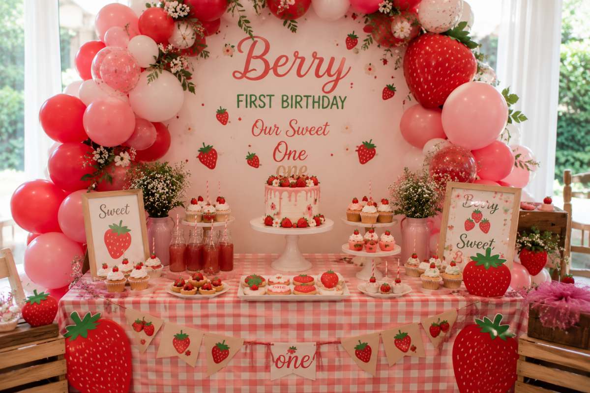 Berry-inspired first birthday party setup featuring a strawberry-themed backdrop, red, pink, and white balloon garland, gingham dessert table, strawberry-decorated birthday cake, berry-themed cupcakes and cookies, floral accents, oversized strawberry props, and cheerful summer-inspired party decorations for a sweet first birthday celebration.