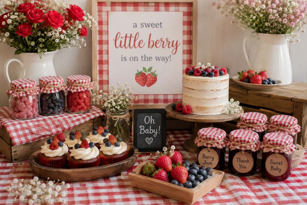 Berry jam kitchen-inspired baby shower decor featuring gingham table linens, decorative jam jars, fresh strawberries and blueberries, rustic wooden trays, floral accents, and a cozy dessert table with a nostalgic farmhouse feel.