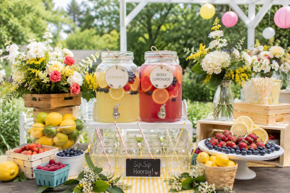 Berry lemonade baby shower drink station with glass beverage dispensers, fresh lemons, strawberries, blueberries, yellow floral accents, and charming summer party decor.