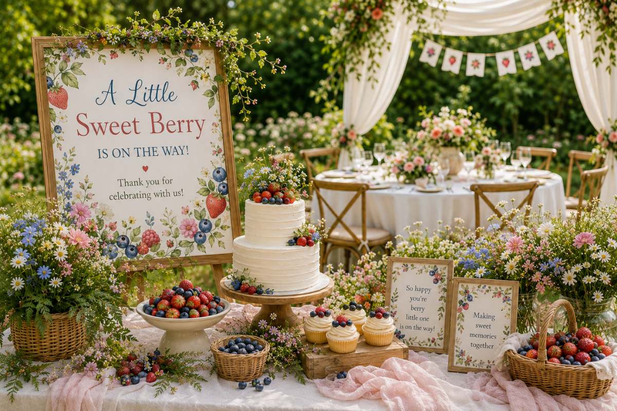 Berry meadow garden party baby shower featuring wildflower arrangements, fresh strawberries and blueberries, airy blush fabrics, wicker baskets, berry-topped cake, and a romantic outdoor garden celebration setup.