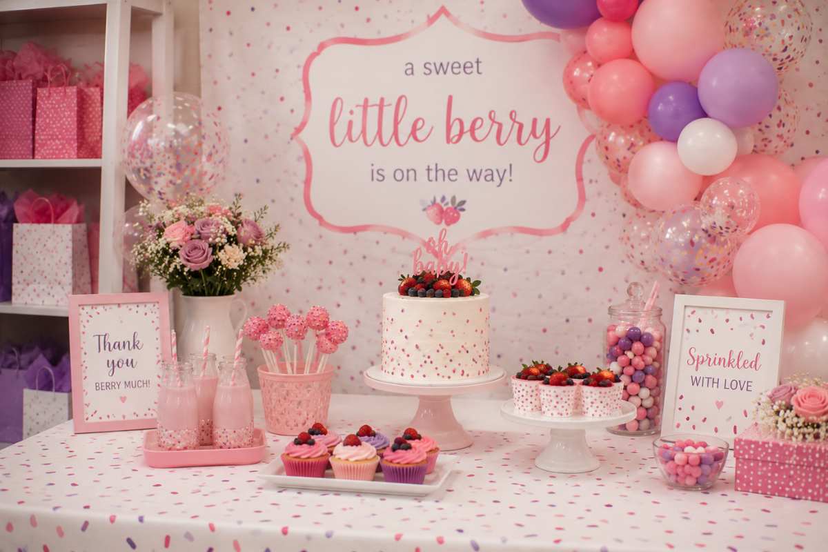 Berry sprinkle party theme ideas with pastel balloon garlands, sprinkle-inspired decor, berry cupcakes, candy accents, and a fun baby shower dessert table setup.