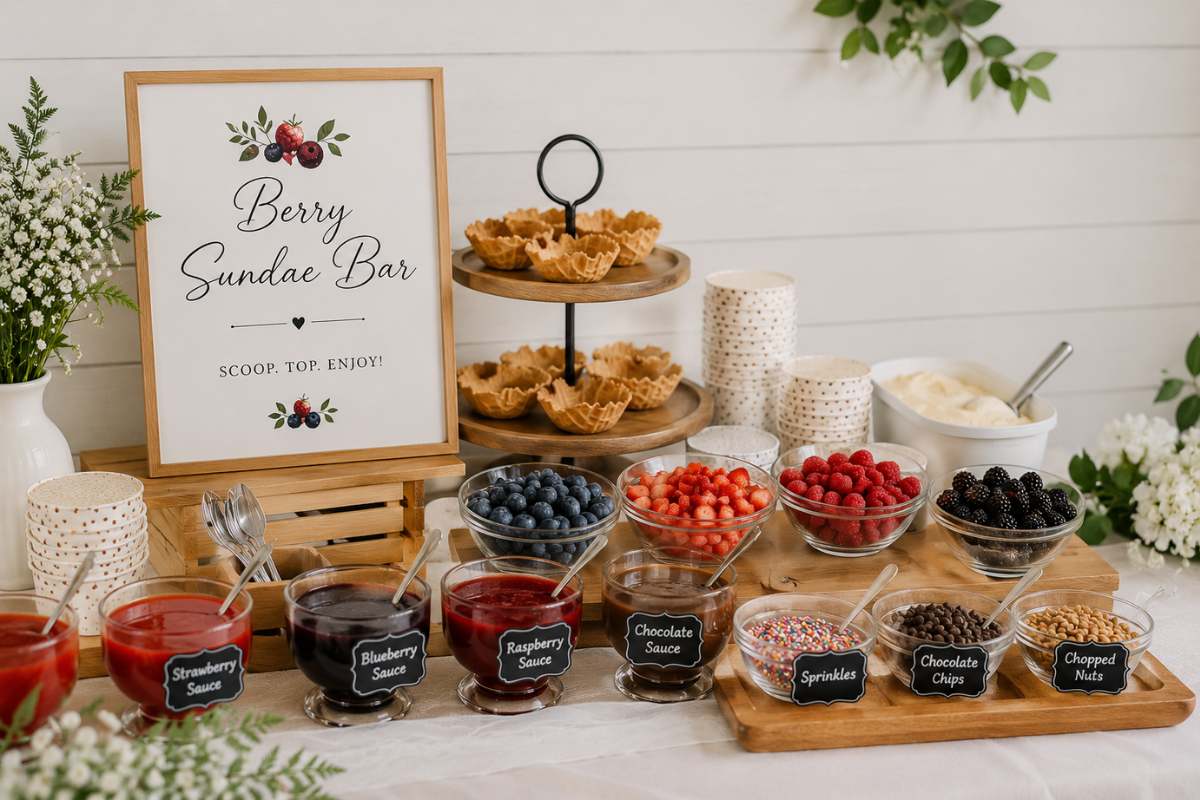 Berry sundae dessert station featuring strawberry, blueberry, and raspberry sauces, fresh berries, waffle bowls, colorful sprinkles, chocolate chips, ice cream, and a DIY sundae bar setup for a berry-themed baby shower.