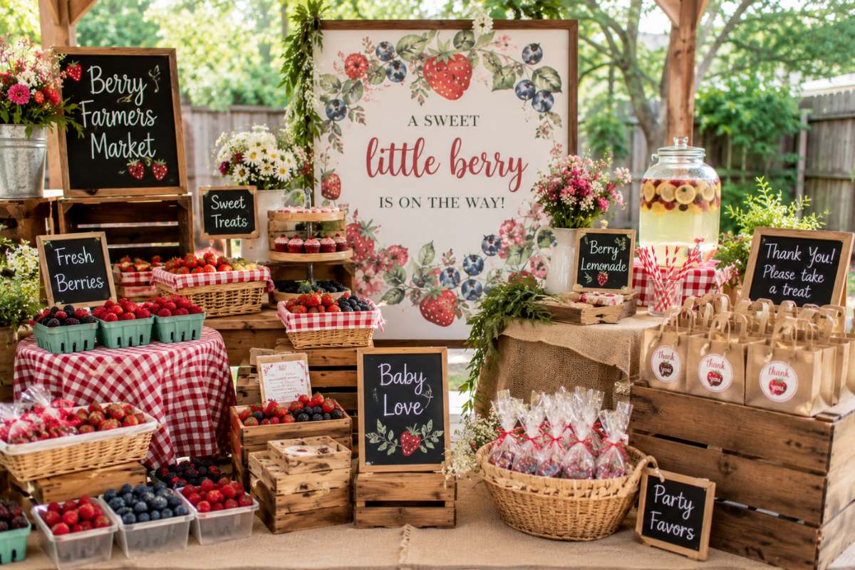 Berry-themed baby shower farmers market party idea featuring wooden crates, fresh berries, chalkboard signs, gingham tablecloths, market-style food stations, party favors, and rustic outdoor decorations for a charming backyard celebration.