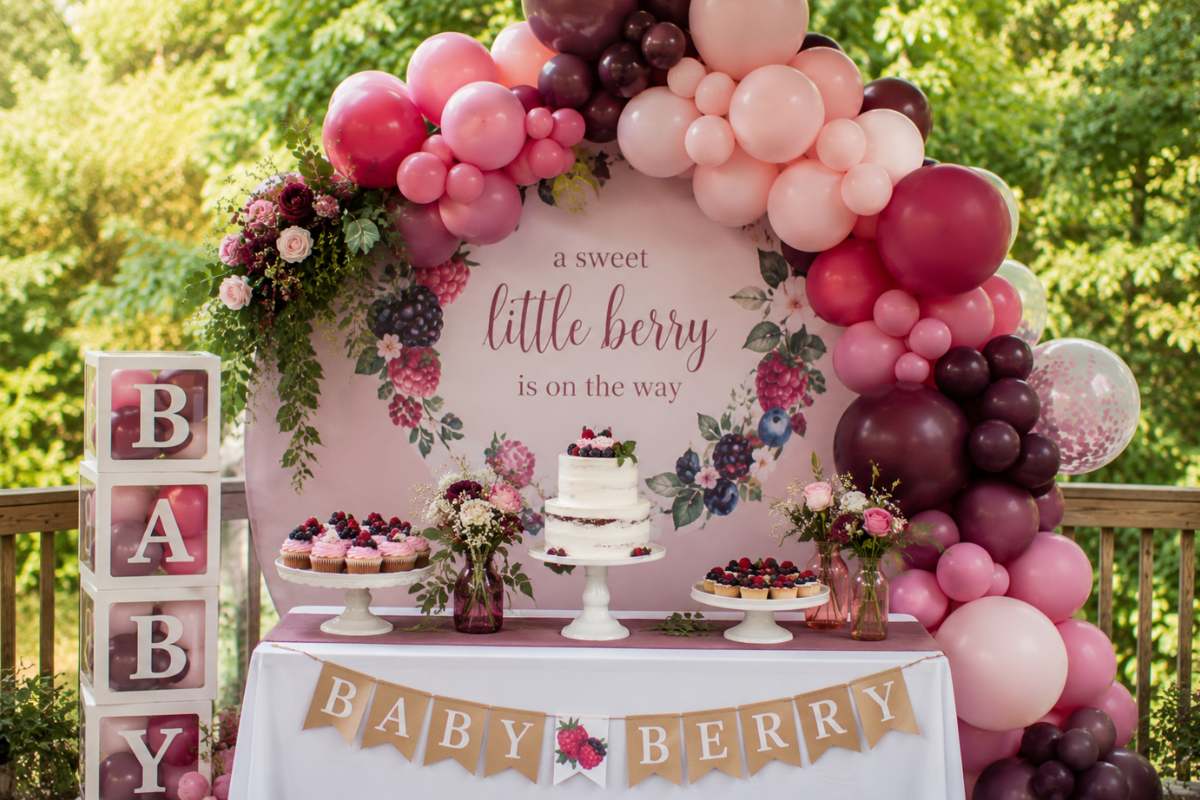 Berry balloon decor ideas for a baby shower featuring layered balloon garlands in berry-inspired colors, floral details, dessert displays, and a stunning backdrop perfect for photos.