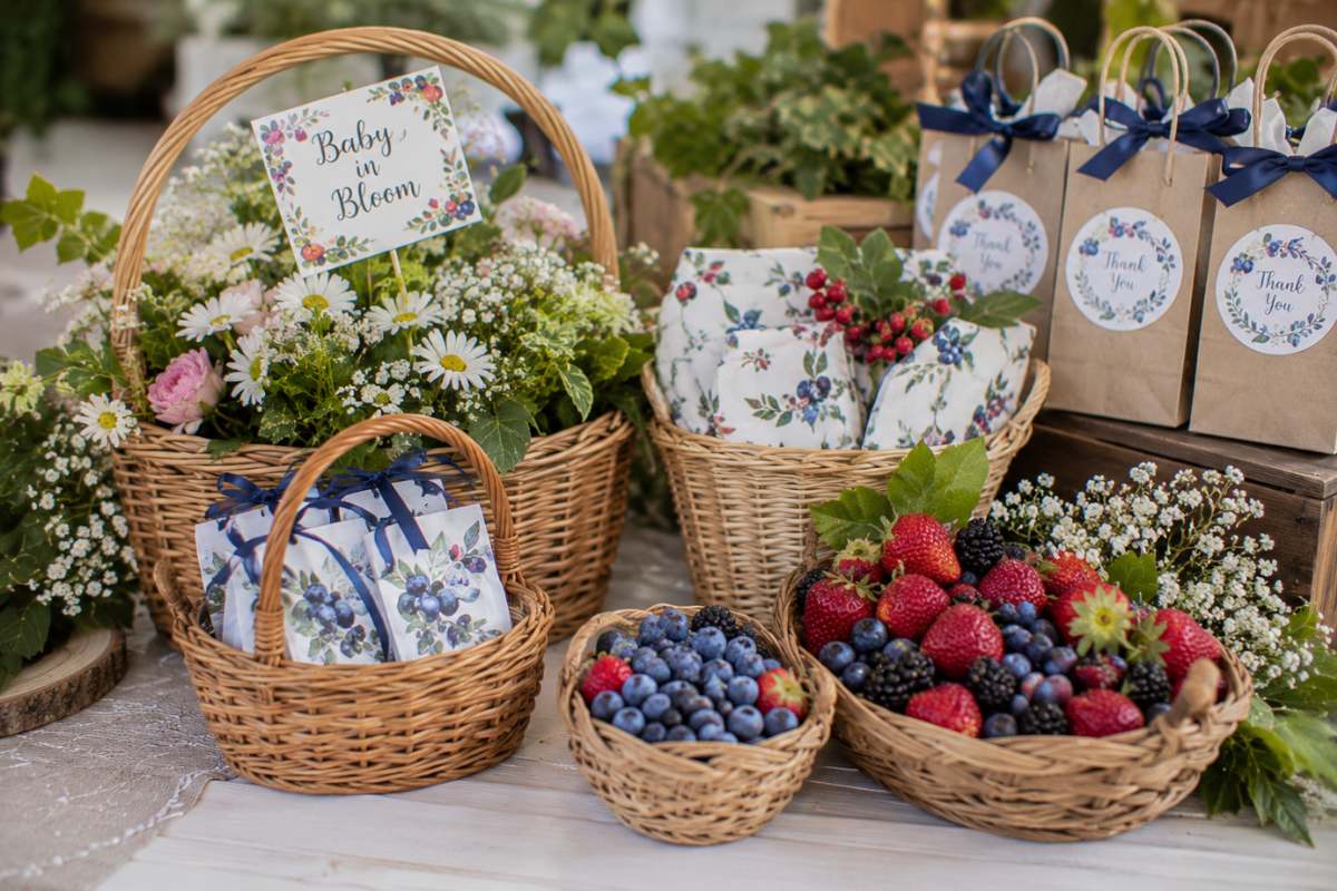 Decorative berry basket styling ideas for a baby shower with woven baskets, fresh berries, flowers, party favors, and rustic cottage-inspired decor for a charming celebration.