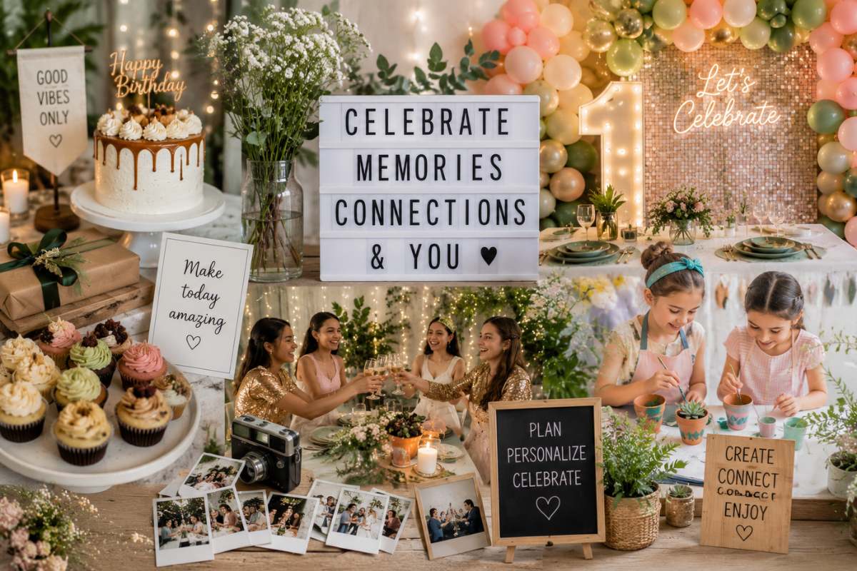Modern birthday party inspiration collage featuring elegant balloon décor, artisan cakes, personalized party setups, DIY activities, intimate gatherings, and memory-making moments, showcasing the top birthday celebration trends for 2026.