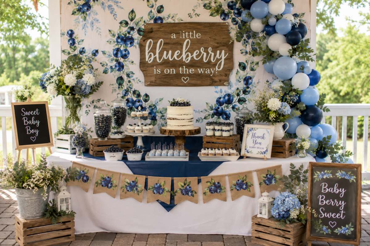 Blueberry-inspired baby shower setup with a full dessert table, botanical blueberry backdrop, blue and white balloons, fresh flowers, rustic decor, and sweet berry-themed party ideas.
